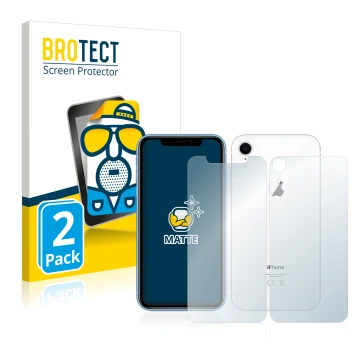 Parte frontal de un envase de producto con el logotipo de la marca BROTECT. Al lado se muestra el dispositivo Apple iPhone XR 