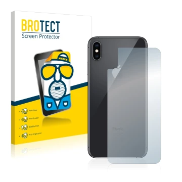 Parte frontal de un envase de producto con el logotipo de la marca BROTECT. Al lado se muestra el dispositivo Apple iPhone Xs 