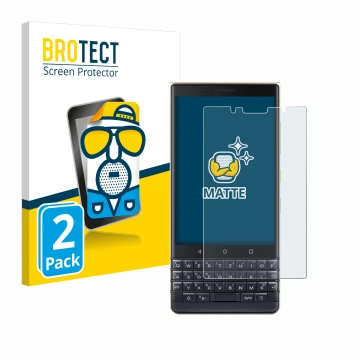 Parte frontal de un envase de producto con el logotipo de la marca BROTECT. Al lado se muestra el dispositivo BlackBerry Key2 