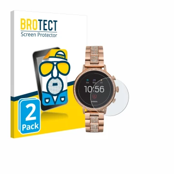 Parte frontal de un envase de producto con el logotipo de la marca BROTECT. Al lado se muestra el dispositivo Fossil Q Venture