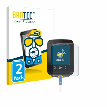 Parte frontal de un envase de producto con el logotipo de la marca BROTECT. Al lado se muestra el dispositivo Freestyle Precis