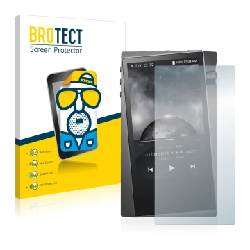 Parte frontal de un envase de producto con el logotipo de la marca BROTECT. Al lado se muestra el dispositivo Astell&Kern A&no