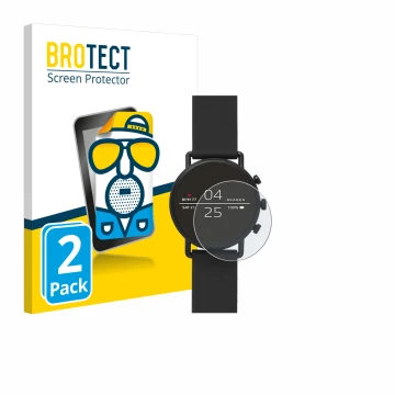 Parte frontal de un envase de producto con el logotipo de la marca BROTECT. Al lado se muestra el dispositivo Skagen Smartwatc