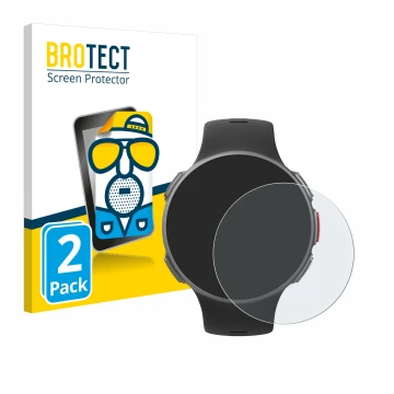 Parte frontal de un envase de producto con el logotipo de la marca BROTECT. Al lado se muestra el dispositivo Polar Vantage V 
