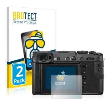 Parte frontal de un envase de producto con el logotipo de la marca BROTECT. Al lado se muestra el dispositivo Fujifilm GFX 50R