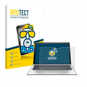 Parte frontal de un envase de producto con el logotipo de la marca BROTECT. Al lado se muestra el dispositivo HP Elite x2 1013