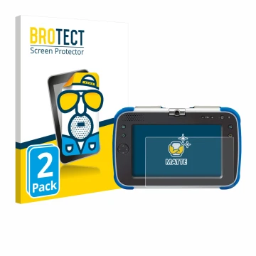 Parte frontal de un envase de producto con el logotipo de la marca BROTECT. Al lado se muestra el dispositivo Vtech Storio Max