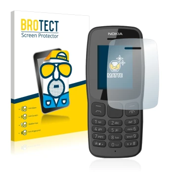 Parte frontal de un envase de producto con el logotipo de la marca BROTECT. Al lado se muestra el dispositivo Nokia 106 2018 c