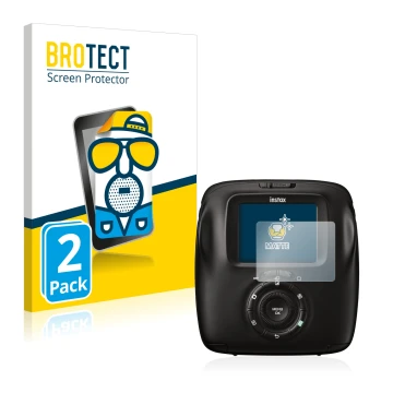Parte frontal de un envase de producto con el logotipo de la marca BROTECT. Al lado se muestra el dispositivo Fujifilm Instax 