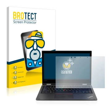 Parte frontal de un envase de producto con el logotipo de la marca BROTECT. Al lado se muestra el dispositivo Lenovo ThinkPad 