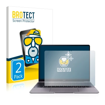 Parte frontal de un envase de producto con el logotipo de la marca BROTECT. Al lado se muestra el dispositivo Huawei MateBook 