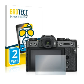 Parte frontal de un envase de producto con el logotipo de la marca BROTECT. Al lado se muestra el dispositivo Fujifilm X-T30 c