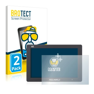 Parte frontal de un envase de producto con el logotipo de la marca BROTECT. Al lado se muestra el dispositivo Feelworld T7 7