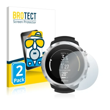 Parte frontal de un envase de producto con el logotipo de la marca BROTECT. Al lado se muestra el dispositivo Suunto D6 Suppor
