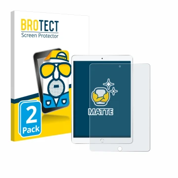 Parte frontal de un envase de producto con el logotipo de la marca BROTECT. Al lado se muestra el dispositivo Apple iPad Air 2