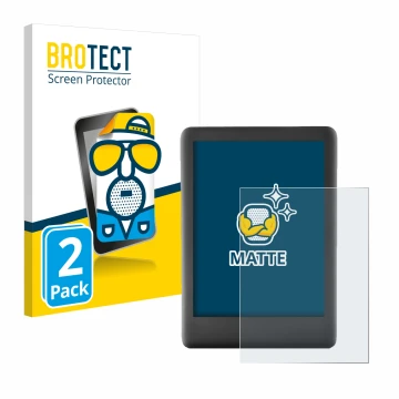 Parte frontal de un envase de producto con el logotipo de la marca BROTECT. Al lado se muestra el dispositivo Amazon Kindle 20