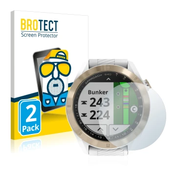 Parte frontal de un envase de producto con el logotipo de la marca BROTECT. Al lado se muestra el dispositivo Garmin Approach 