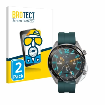 Parte frontal de un envase de producto con el logotipo de la marca BROTECT. Al lado se muestra el dispositivo Huawei Watch GT 
