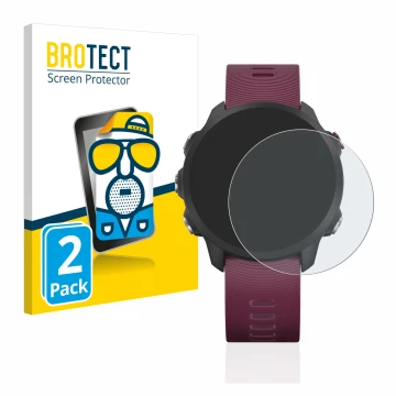 Parte frontal de un envase de producto con el logotipo de la marca BROTECT. Al lado se muestra el dispositivo Garmin Forerunne