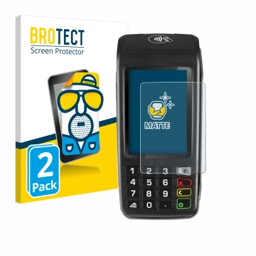 Parte frontal de un envase de producto con el logotipo de la marca BROTECT. Al lado se muestra el dispositivo ingenico Move/50