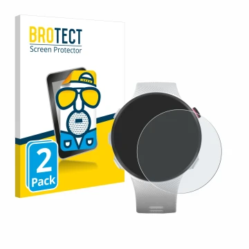 Parte frontal de un envase de producto con el logotipo de la marca BROTECT. Al lado se muestra el dispositivo Garmin Forerunne