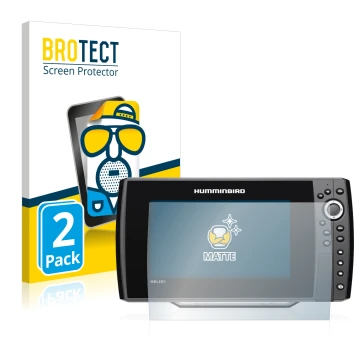 Parte frontal de un envase de producto con el logotipo de la marca BROTECT. Al lado se muestra el dispositivo Humminbird Helix