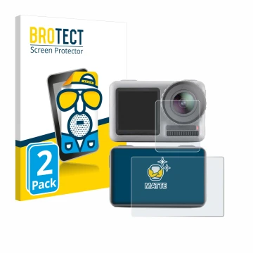 Parte frontal de un envase de producto con el logotipo de la marca BROTECT. Al lado se muestra el dispositivo DJI Osmo Action 