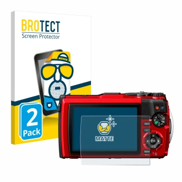 Parte frontal de un envase de producto con el logotipo de la marca BROTECT. Al lado se muestra el dispositivo Olympus Tough TG