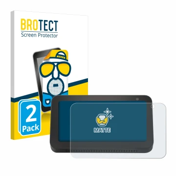 Parte frontal de un envase de producto con el logotipo de la marca BROTECT. Al lado se muestra el dispositivo Amazon Echo Show