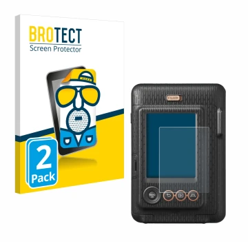 Parte frontal de un envase de producto con el logotipo de la marca BROTECT. Al lado se muestra el dispositivo Fujifilm Instax 