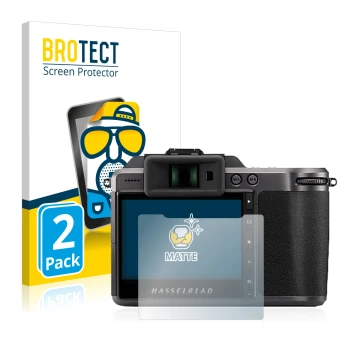 Parte frontal de un envase de producto con el logotipo de la marca BROTECT. Al lado se muestra el dispositivo Hasselblad X1D I