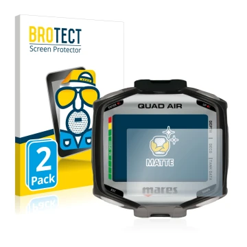 Parte frontal de un envase de producto con el logotipo de la marca BROTECT. Al lado se muestra el dispositivo Mares Quad Air c