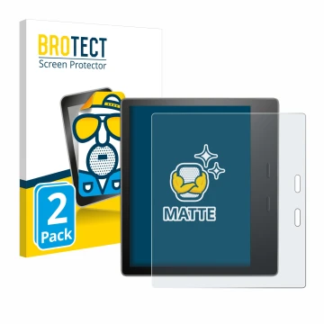 Parte frontal de un envase de producto con el logotipo de la marca BROTECT. Al lado se muestra el dispositivo Amazon Kindle Oa