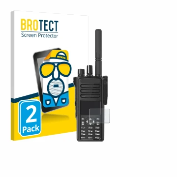 Parte frontal de un envase de producto con el logotipo de la marca BROTECT. Al lado se muestra el dispositivo Motorola DP4801e