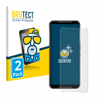 Parte frontal de un envase de producto con el logotipo de la marca BROTECT. Al lado se muestra el dispositivo ASUS ROG Phone 2