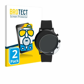 Parte frontal de un envase de producto con el logotipo de la marca BROTECT. Al lado se muestra el dispositivo Fossil The Carly