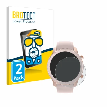 Parte frontal de un envase de producto con el logotipo de la marca BROTECT. Al lado se muestra el dispositivo Huami Amazfit GT
