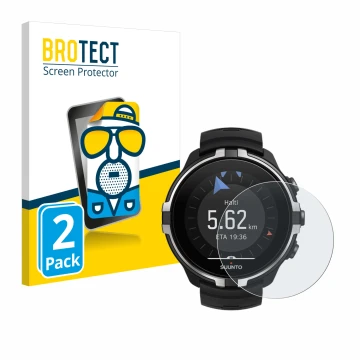 Parte frontal de un envase de producto con el logotipo de la marca BROTECT. Al lado se muestra el dispositivo Suunto Spartan S