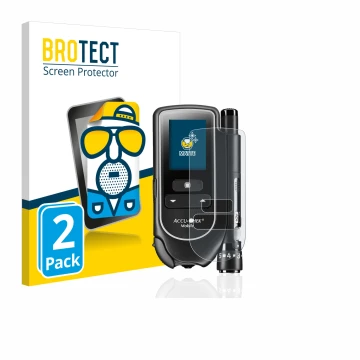 Parte frontal de un envase de producto con el logotipo de la marca BROTECT. Al lado se muestra el dispositivo Accu-Chek Mobile