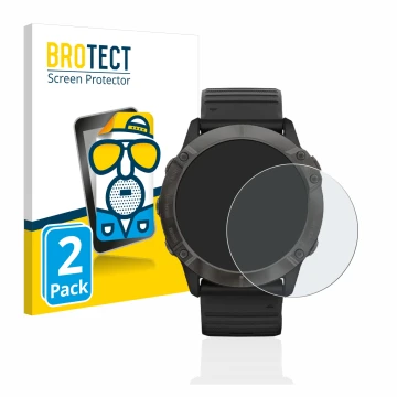 Parte frontal de un envase de producto con el logotipo de la marca BROTECT. Al lado se muestra el dispositivo Garmin Fenix 6X 