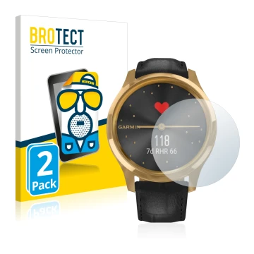Parte frontal de un envase de producto con el logotipo de la marca BROTECT. Al lado se muestra el dispositivo Garmin vivomove 
