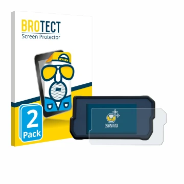 Parte frontal de un envase de producto con el logotipo de la marca BROTECT. Al lado se muestra el dispositivo KTM 790 Adventur