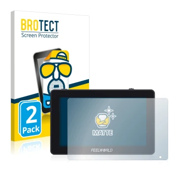 Parte frontal de un envase de producto con el logotipo de la marca BROTECT. Al lado se muestra el dispositivo Feelworld F6 Plu
