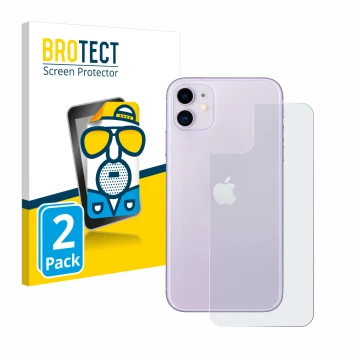 Parte frontal de un envase de producto con el logotipo de la marca BROTECT. Al lado se muestra el dispositivo Apple iPhone 11 