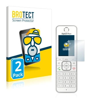 Parte frontal de un envase de producto con el logotipo de la marca BROTECT. Al lado se muestra el dispositivo AVM Fritz!Fon C6