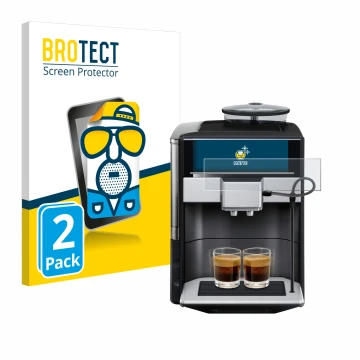 Parte frontal de un envase de producto con el logotipo de la marca BROTECT. Al lado se muestra el dispositivo Siemens EQ.6 plu