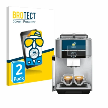 Parte frontal de un envase de producto con el logotipo de la marca BROTECT. Al lado se muestra el dispositivo Siemens EQ.9 plu
