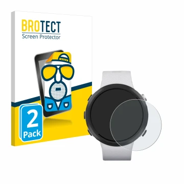 Parte frontal de un envase de producto con el logotipo de la marca BROTECT. Al lado se muestra el dispositivo Garmin Swim 2 co
