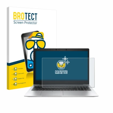 Parte frontal de un envase de producto con el logotipo de la marca BROTECT. Al lado se muestra el dispositivo HP EliteBook 850