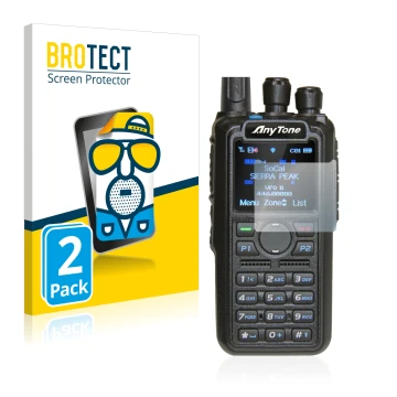 Parte frontal de un envase de producto con el logotipo de la marca BROTECT. Al lado se muestra el dispositivo AnyTone AT-D878U